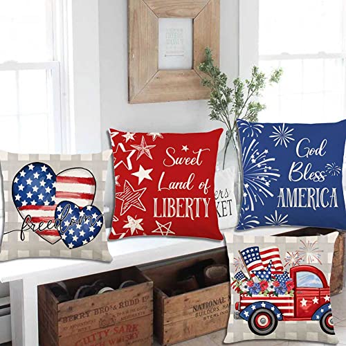 Gaonini 4Th Of July Decorations Patriotic Pillow Covers 18X18 Set Of 4, Memorial Day Independence Day Throw Pillow Covers Outdoor, Buffalo Check American Flag Heart Star Pillow Case For Home Couch #TOP4