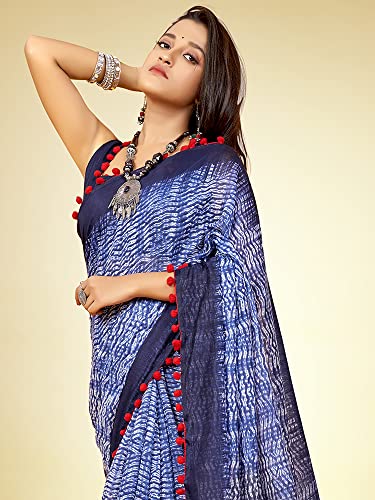 Image of AKHILAM Women's Ikat Cotton Blend Embellished Pom Pom lace Work Saree With Unstitched Blouse Piece (PUMPUM10A SR1 P)