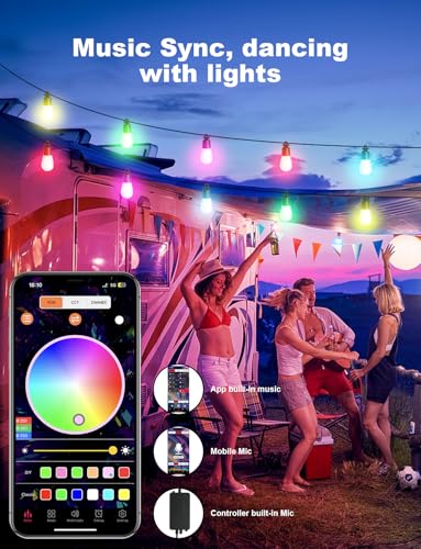 Image of Outdoor String Lights 36 LED Bulbs, 118(98+12) ft RGB+IC+Warm White | APP Control with Remote, Music Sync for Garden Party Decor Christmas Outdoor Light, NOT Extendable