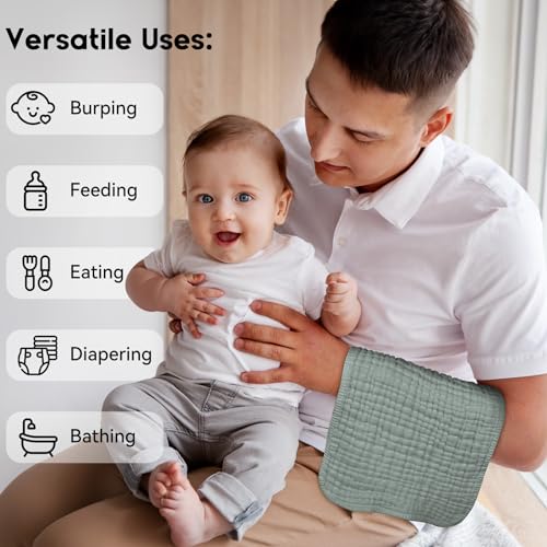 Image of Unnivoll Muslin Burp Cloths for Baby 100% Cotton Burping Cloths for Boys Girls Large 20''X10'' Extra Soft and Absorbent 12 Pack - White and Green