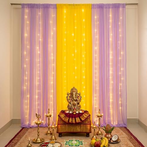 Image of SpecialYou Ganpati Decoration Setup for Home with Lavender & Yellow Back drop Curtain for Decorations, Ganapati Decoration Items for Home Decor-8pcs