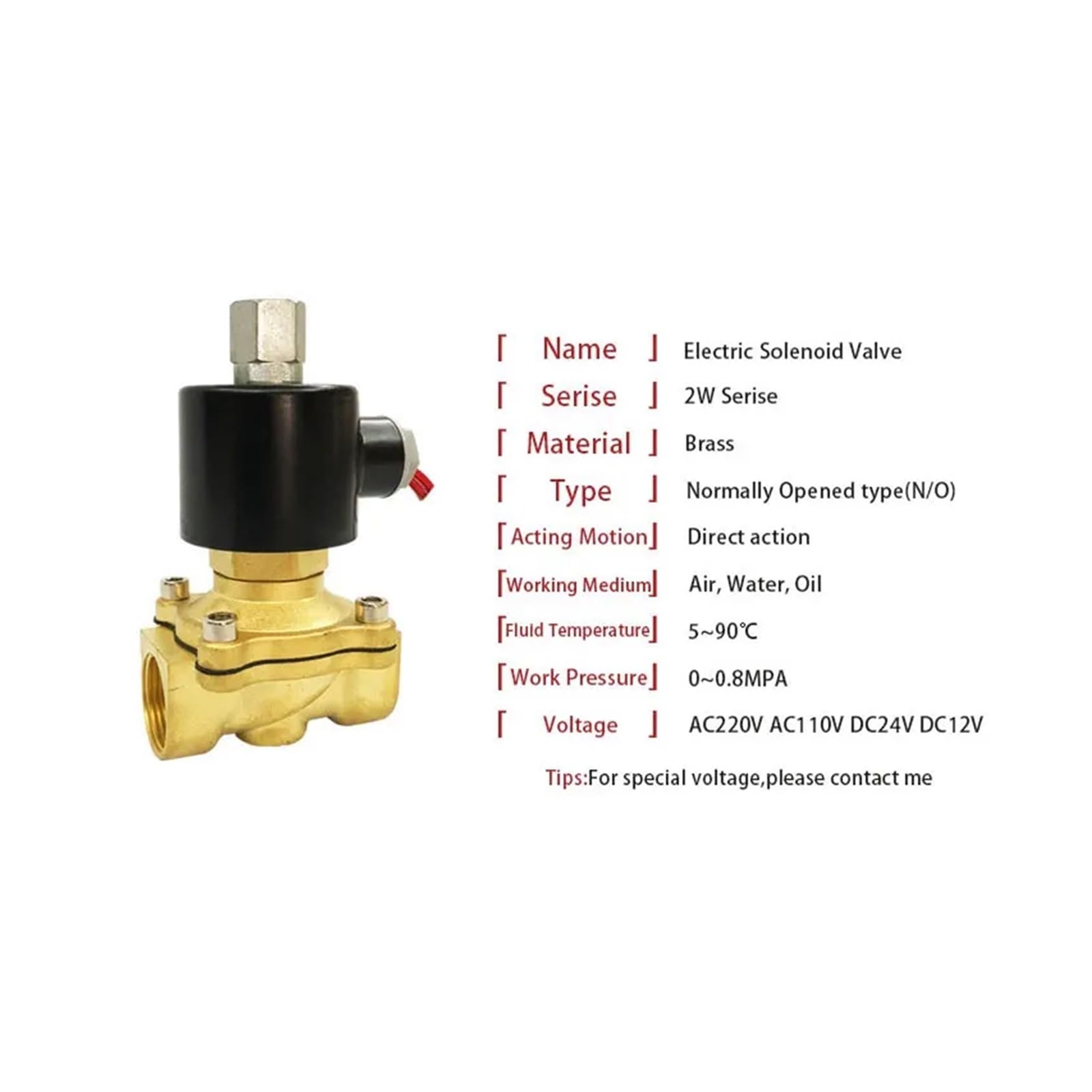 Electroválvula eléctrica 1/4" 3/8" 1/2" 3/4" DN8/10/15/20/25/50 Normalmente Abierta Neumática for Agua Aceite Aire Gas 12V/24V/220V/110V(Dn10,AC110V)
