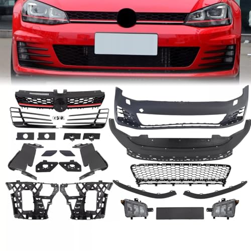 Partzer Front Bumper Cover + Hood Grille Kit Compatible with 2015-2017 Volkswagen VW Golf MK7 GTI Style Unpainted