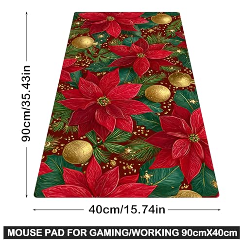 Image of Nuxovilar Professional Large Mouse Pad & Computer Game Mouse Mat (35.4x15.7IN, Christmas Poinsettia & Gold Ornaments) (90 * 40cm Christmas Theme)