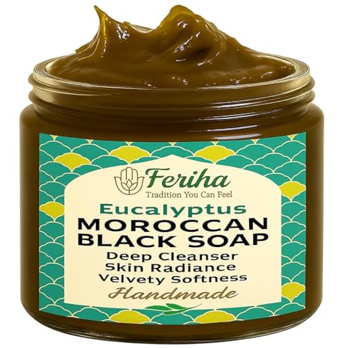 FERIHA Moroccan Black Soap Hammam with Eucalyptus – Exfoliating Beldi Spa Paste, Natural Olive Cleanser, Body Scrub & Deep Skin Cleanser – 7oz (Made in Morocco)