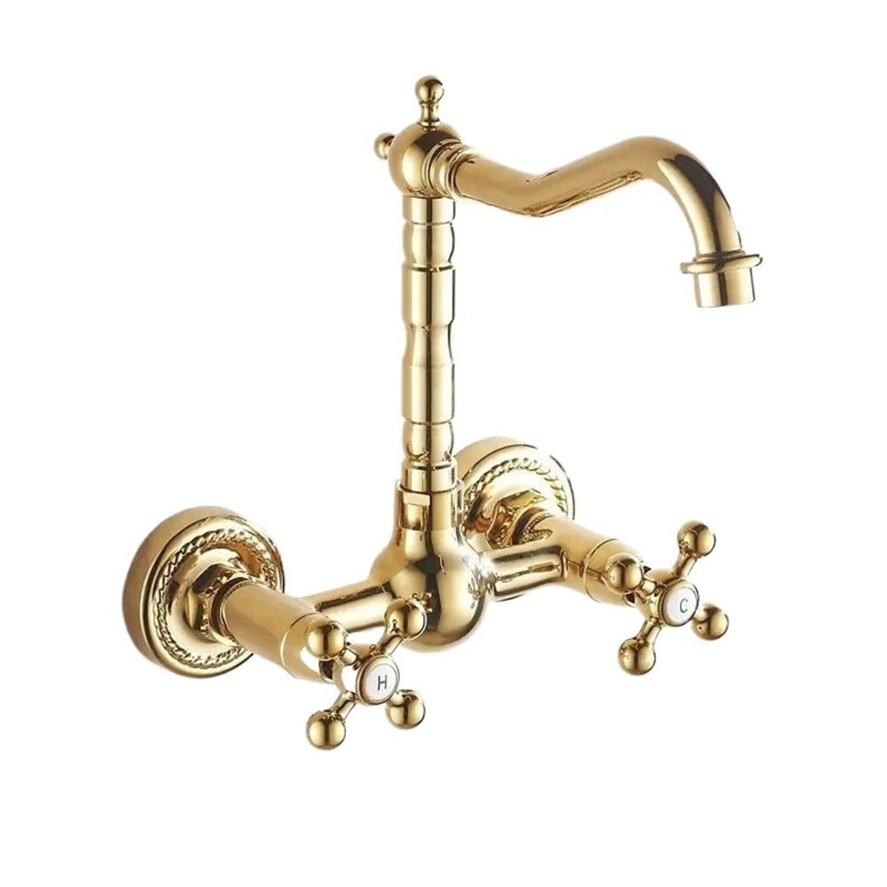 Rubinetto miscelatore con rubinetto girevole for lavabo da cucina, bagno caldo e freddo in ottone dorato a parete