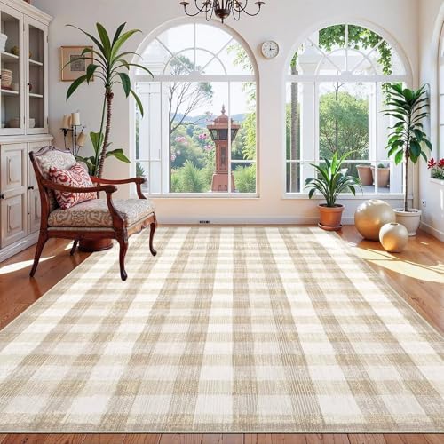 Image of Checkered Area Rug, 5x7, Beige | Washable, Non Slip, Modern Neutral, For Living Room Bedroom Office Patio Dining Room