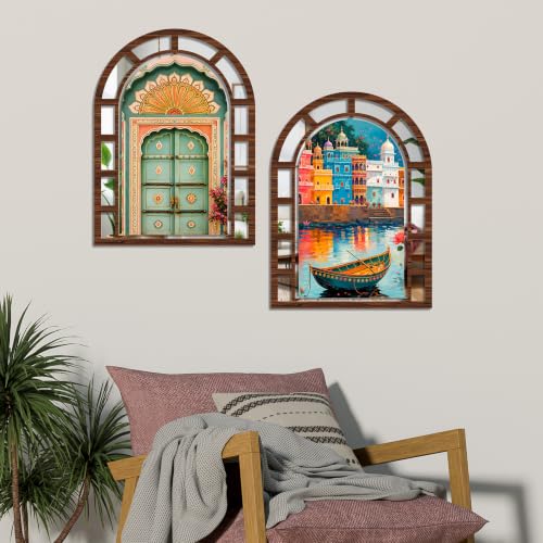 Image of Artvibes Lakeside Palace Theme Home Wall Decor | Jharokha Mirror Wall Hanging for Living Room, Bedroom, Hall, Dining Area, Foyer & Office | Gift (WHJ 12057N), Set of 2