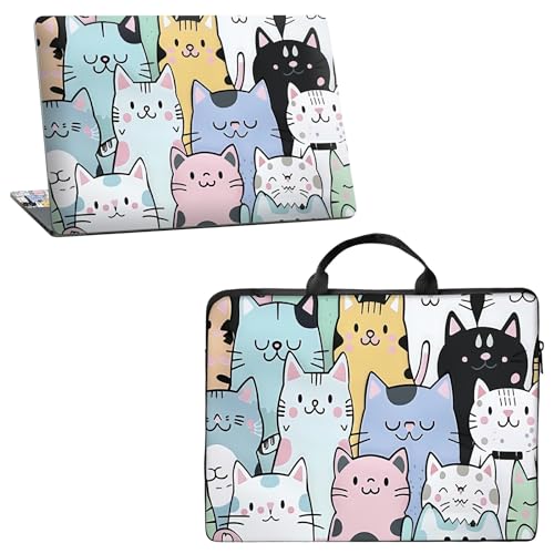 4-in-1 Laptop Accessory Bundle: 10' Portable Laptop Tote Bag + Cut-to-Fit Laptop Skin Sticker & 2 Wrist Pads, Lightweight Computer Carrying Case for MacBook, HP, Dell, Lenovo, Cat Family