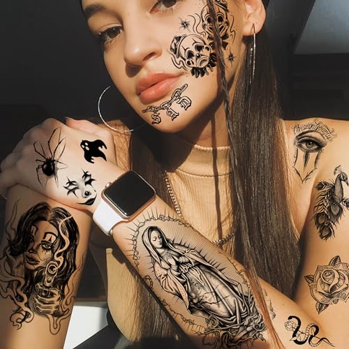 GOROMON 6 Sheets Chicano Temporary Tattoos For Women Men Adults Halloween Face Makeup Kit, Black Guadalupe Tattoo Stickers, Gangster Payasa Gansta Fake Tatoos Prison Familia Joker, Tatuajes Temporales