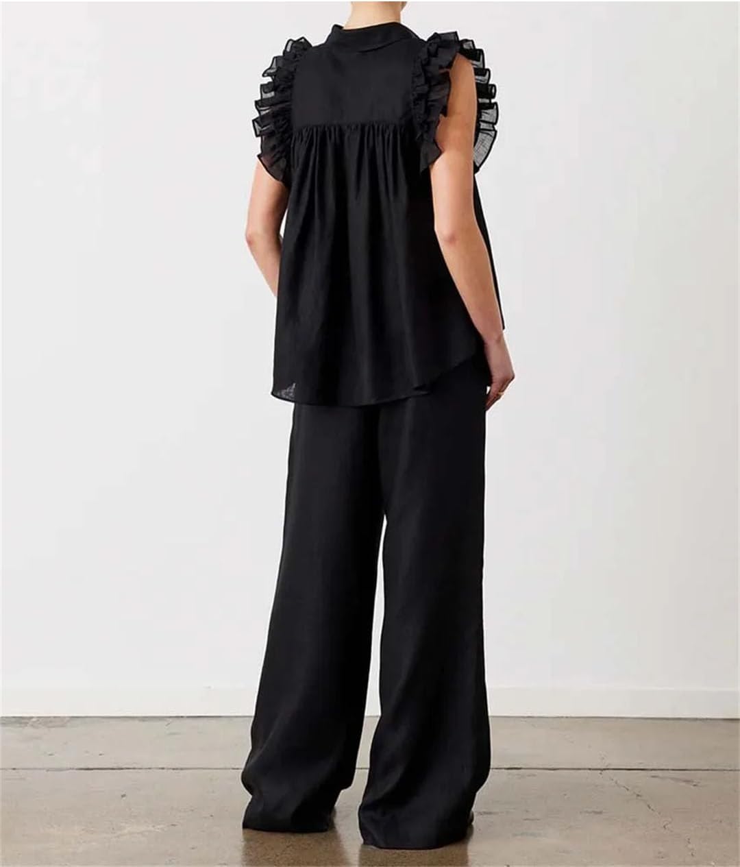 Womens Cotton 2 Piece Outfit Set Single-Breasted Sleeveless Ruffled Shitrs Trousers Sets