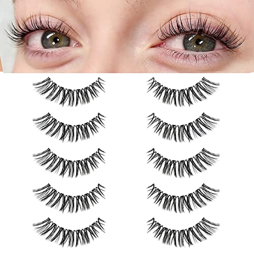 KSYOO Natural Faux Mink Lashes, 5 Pairs Clear Band Cat Eye Wispy False Eyelashes ,Looks So Natural False Eyelashes Multipack, Lightweight & Comfortable, Natural-Looking (Clear Band N1)
