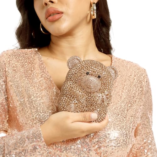 Image of Boutique De FGG Bear Evening Bags and clutches for Women Formal Crystal Clutch Purse Party Animal Rhinestone Handbags,Mini