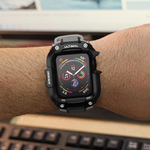 Image of ULTIMAL Rugged Band with Case for Apple Watch 45mm, Military-Grade Shockproof Protective Strap for Men, All-in-One Outdoor Sport Watch Band Compatible with iWatch Series 9 /8 /7 (Grey)