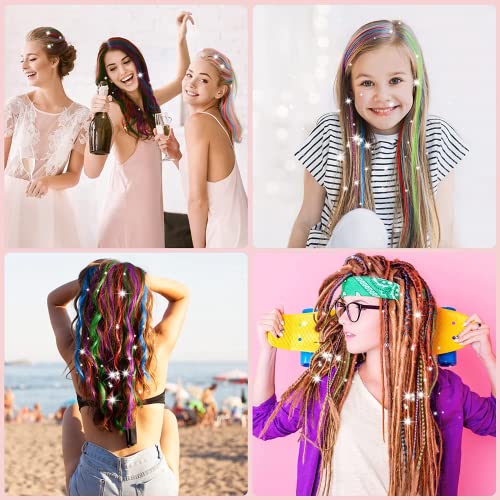 Foto von 12 Farbe Haarsträhnen zum Einflechten, 120cm Glitzersträhnen für Haare Kit für Frauen Mädchen, Glitzer Haare Haarsträhnen Kinder, Haarsträhnen Kit mit Werkzeug für Mädchen Kinder Cosplayer