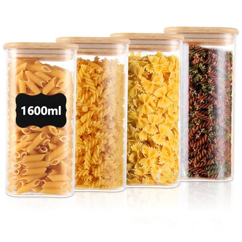 FWEEK Lot de 4 Bocaux en Verre Hermétique 1600ml avec Couvercle Bambou, Pots de Conservation...