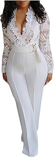 V Women's Jumpsuit Fashion Sexy Jumpsuit Trousers Deep Stitching Neck Lace Women's Blue Lace Romper Women (White, M)
