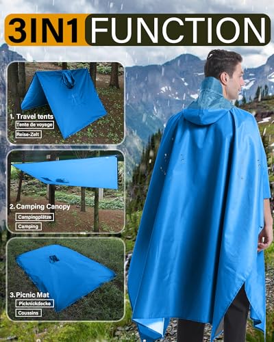 Coutyuyi Wasserdicht Regenponcho Unisex, Wiederverwendbar Regenjacken 3 in 1 Multifunktionaler Regencape mit Tasche Regenmantel Regenschutz für Wanderungen,Camping（Himmelblau,L）