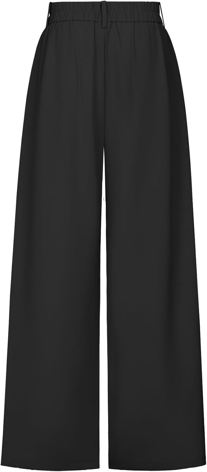 Wide Leg Dress Pants for Women High Waisted Button Business Casual Flowy Palazzo Trousers with Pockets