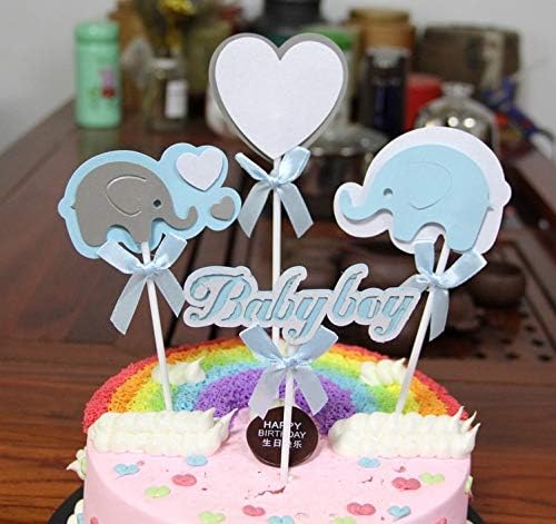 Cute Baby Shower Cake Topper For Baby Boy Party Favors Decoration Blue White Elephant and Heart with Bow