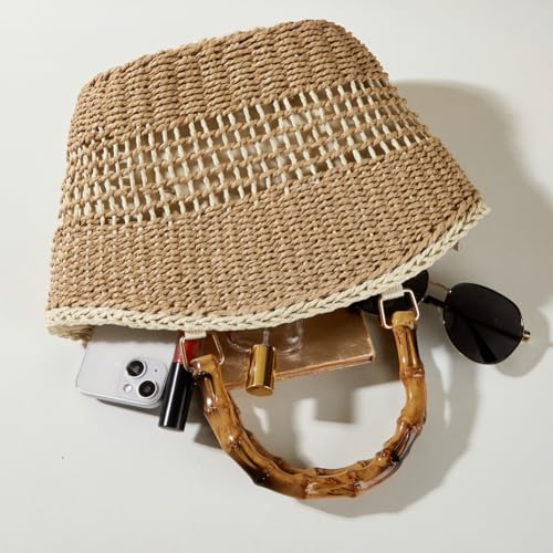 Bolsa Tote de Papel Tejido con Asa de Bambú para Mujer miniatura 3