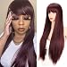 Kalyss 28 inches Women’s Silky Long Straight Mixed 99J Burgundy color Heat Resistant Yaki Synthetic Wig with Bangs Darily Party Dress Women Wigs (Burgundy)