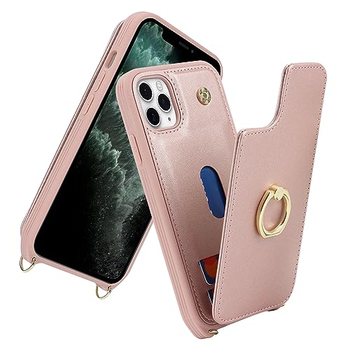Image of for iPhone 11 Pro Phone Case with Card Holder and Strap for Women,Crossbody Lanyard,RFID Blocking,Kickstand Ring Stand,Snap Clasp,Phone Wallet Cases 5.8 inch(Rose Gold)