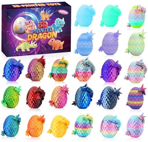 24PCS 3D Printed Dragon Eggs with Dragon Inside Mini Animals Party Favors for Kids Flexible Articulated Crystal Collectibles for Adults Teens Boys Easter Advent Calendar Easter Basket Stuffers