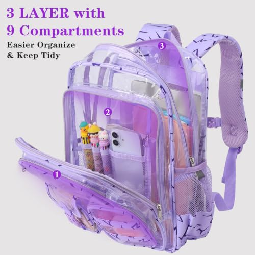 Image of Three-layer Clear Backpack, Heavy Duty Clear Bookbag for Kids, See Through Backpack Transparent Bag for Girls Boys (Purple Lightning)