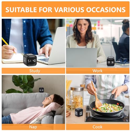 Image of Cuteefun Cube Timer, Rotation Pomodoro Timer, 5 /10 /30 /60 Minutes & Custom Countdown, Productivity Timer with Vibration, Adjustable Sound Alert for Kitchen, Study, Meeting, Black