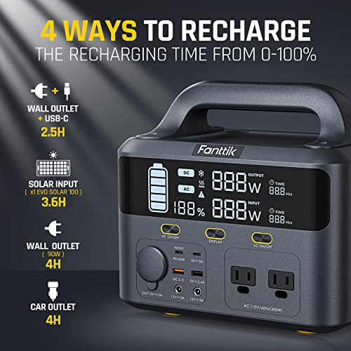 Fanttik EVO 300 Portable Power Station, 299Wh Backup Power Supply, Real-Time Monitoring, 2 AC 110V/300W(Peak 600W) Pure Sine Wave Outlets, for Outdoors Camping Travel Hunting RV Emergency