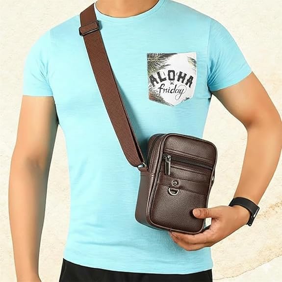 Image of Brown Leather Backpack and Crossbody Bag Combo for Men, 2 Piece Travel & Daily Use Set with Adjustable Strap, Spacious Multi-Pocket Design