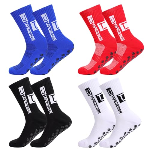 4 pares de calcetines deportivos antideslizantes, transpirables, antideslizantes, calcetines de fútbol para hombre y mujer, calcetine de fútbol, baloncesto, maratón, correr (Negro+Blanco+Rojo+Azul)