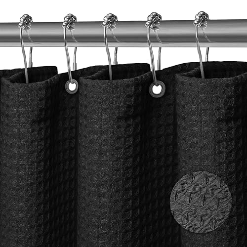 KAIMEIYU Shower Curtain Polyester Bath Curtains Heavy Duty with 12 Metal Hooks Bathroom Curtain Washable Waterproof for Bathtub and Bathroom 180 x 180 cm Waffle Design Black