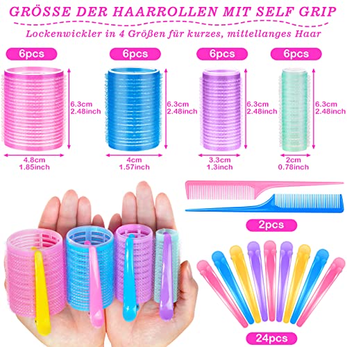 Foto von 50 Stücke Lockenwickler locken Set,Selizo 24 Stücke Hitzefreie Jumbo Groß Kleine Lockenwickler Selbsthaftend Hair Rollers 48 mm 40mm 30mm 20mm mit 24 Stücke Kamm für lange mittlere kleine Haar bunt