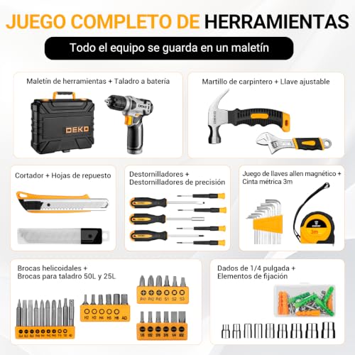 Miniatura 3 de Deko Caja Herramientas Completa Con Destornillador Electrico Taladro Con Bateria De 8v, Maletin De 126 Piezas, Caja Profesional De Herramientas Domésticas De Bricolaje Para Oficinas Y Jardín, Amarillo