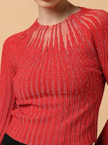 Image of ICW Women Knitted Rhinestone Embellised Daimond Studded Mesh Round Neck Long Sleeve Crop Top T-Shirt 206