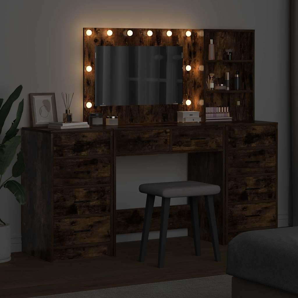 Schminktisch Frisiertisch Kosmetiktisch mit Spiegelkommode 3-teilig aus geräucherter Eiche 78,5 x 41 x 135 cm moderner Makeuptisch für Schlafzimmer, Studio und Salon
