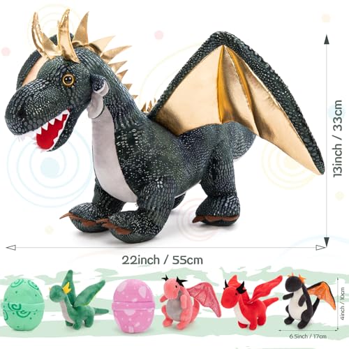 Image of Dragon Plush Toy with 4 Babies, 21.7 inch Stuffed Animal, Dark Green