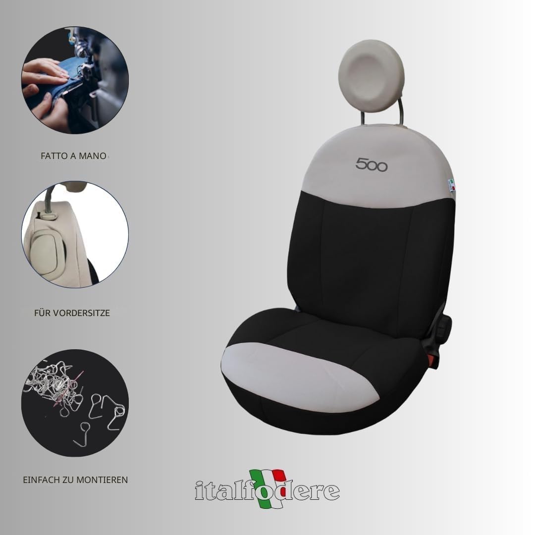 Italfodere - 2 x Vordersitzbezüge für Autos - Kompatibel mit Fiat 500 ab Baujahr 2007 - Handgefertigt - Baumwolle - Schaumgummi und Polyester - Autozubehör für den Innenraum - Hergestellt in Italien