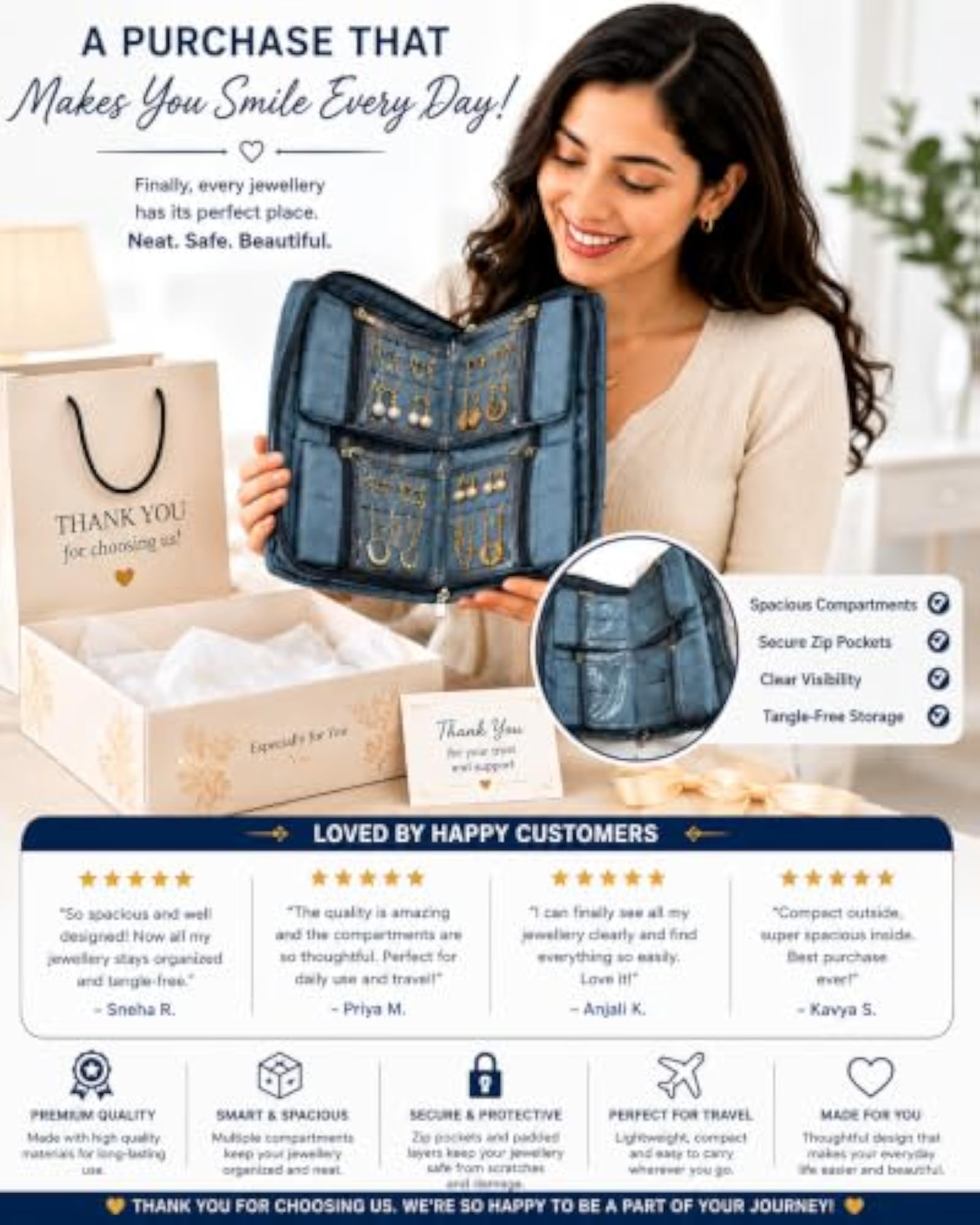 Elegant Jewelry Organizer Box, Premium Quilted Travel Case