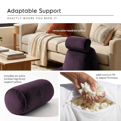 Image of Nestl Reading Pillow with Shredded Memory Foam Includes 2 Neck and Lumber Support Pillows, Designed for Sitting Up in Bed and Couch, Back and Arms Adjustable Support for Adult & Teens, Purple