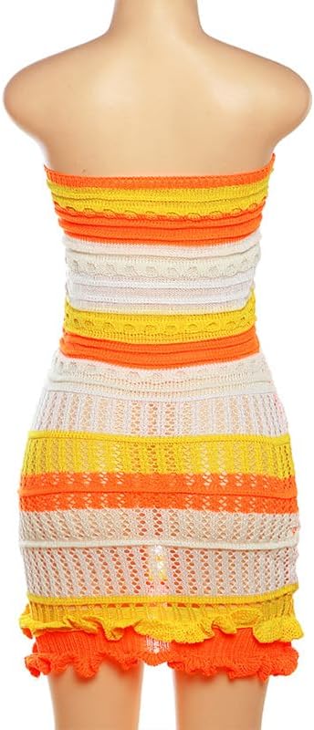Suillty Women's Sexy Color Block Knitted Striped Ruffle Hem Tube Mini Dress Summer Strapless Stretch Bodycon Party Clubwear - Image 5