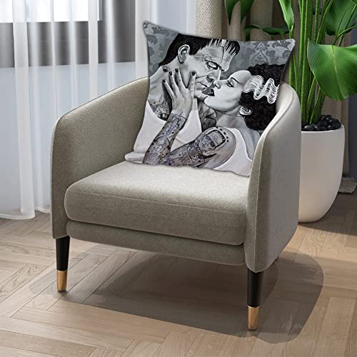 Black And White Couple Throw Pillow Cover Frankenstein And Bride Pillow Case Horror Movie Halloween Decorative Pillow Case For Couch Sofa Bed Couple Wedding Anniversary Couple Fans Gift 18'' X 18'' #TOP3