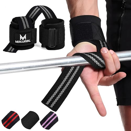 MERCURYAL Straps Gym avec bracelet pour haltérophilie et powerlifting - Bracelets Gym - Lifting Straps - Sangles de préhension - Poignées de gymnastique pour poids mort (noir/gris)