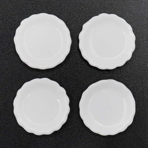 4Pcs White Miniature Dish Plates for Dollhouse, 1/12 Scale, Kitchen Decoration Accessories
