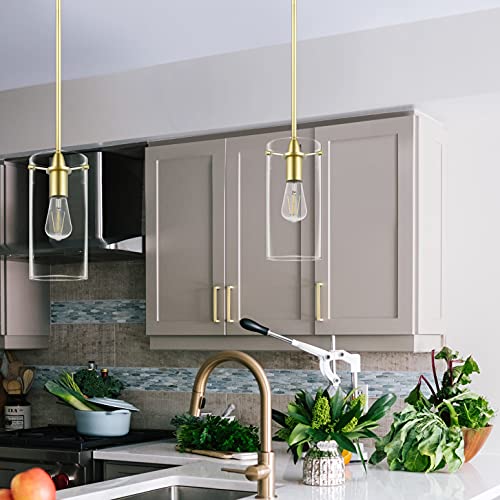 Satin Brass Pendant Lights Kitchen Island - Large Clear Glass Pendant Light Fixture - Thumbnail 2