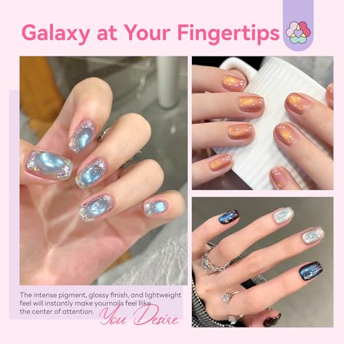 Image of SAVILAND 12 Colors Cat Eye Gel Nail Polish Set: Iridescent Blue Green Yellow Red Aurora Cateye Gel Polish Smooth Shimmer Glitter Magnetic Gel Nail Polish with Magnet Stick DIY Nail Art Galaxy Nails