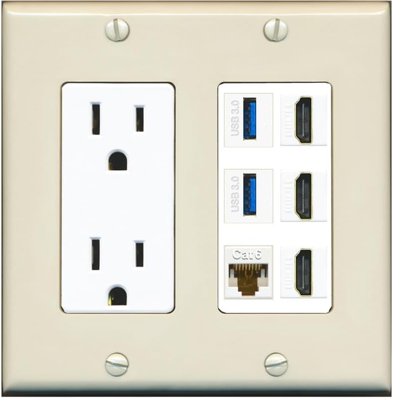 RiteAV 3 Port HDMI 2 Port USB 3.0 1 CAT6-RJ45 Wall Plate - Outlet [Light-Almond/White]