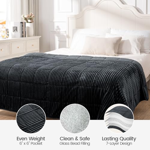 Image of Sherpa Fleece Weighted Blanket with Ribbed Stripes for Adults, 15 lbs Dual Sided Cozy Warm Blanket for Couch Full Size Bed, Glass Beads Heavy Thick Blankets Great for Sleep, Dark Grey, 60 inch x 80 inch